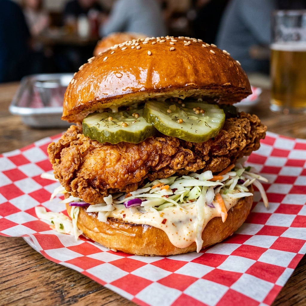 Crispy fried chicken sandwich with pickles and spicy mayo