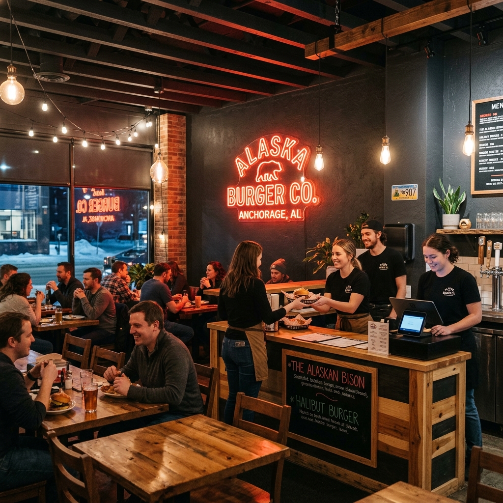 Interior counters and energetic dining room at City Boy Burgers