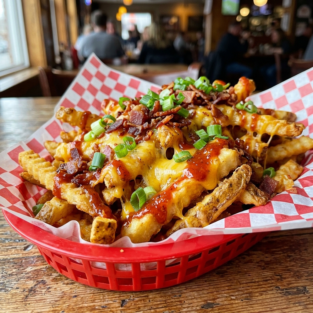 Crispy crinkle fries loaded with melted cheese and bacon
