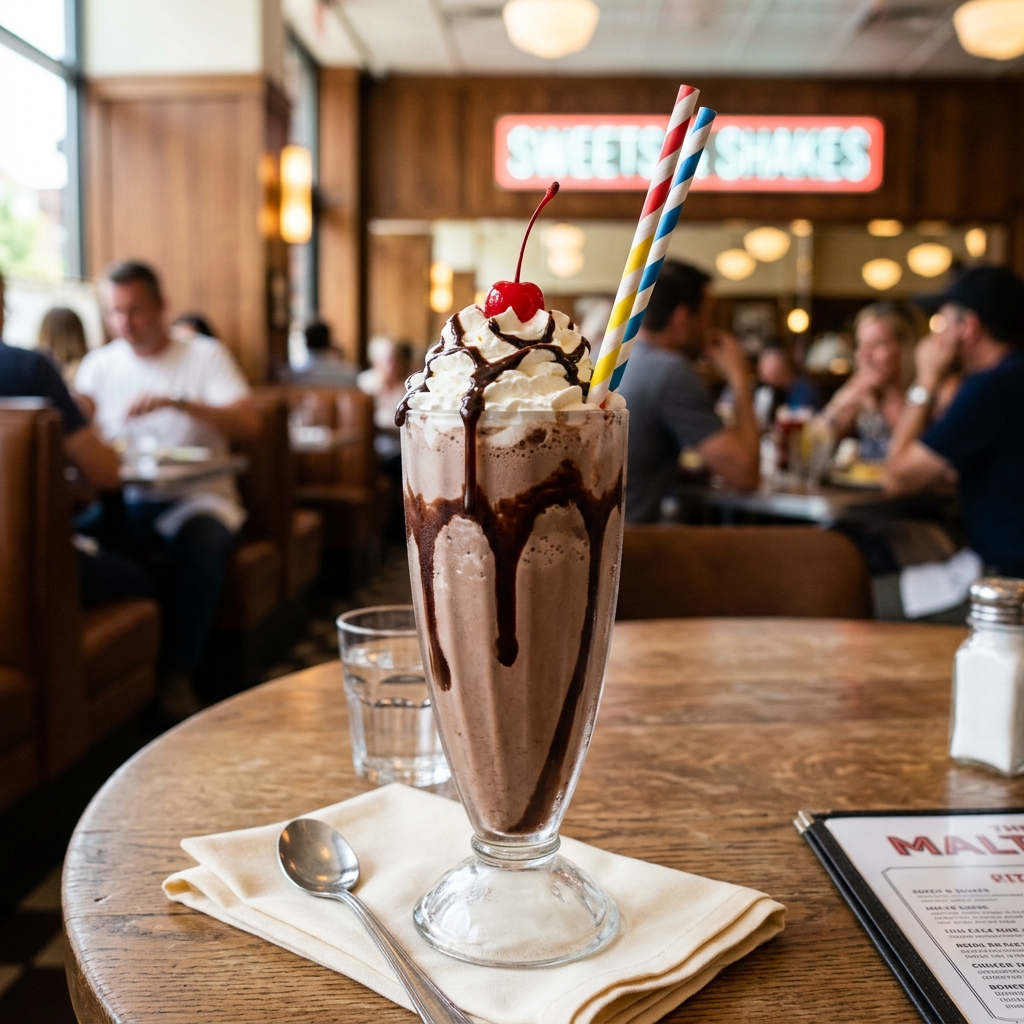 Hand-spun thick chocolate milkshake with whipped cream