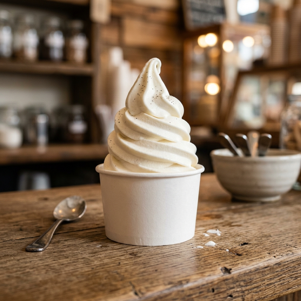 House-made vanilla soft serve ice cream swirl in paper cup